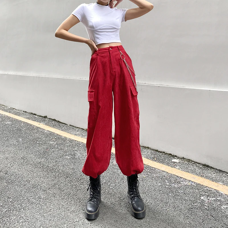 Fashion Solid Color Chain High Waist Harem Pants for Women Young Girl Casual Corduroy Trousers Y2k Ankle Banded Pant Joggers white pants