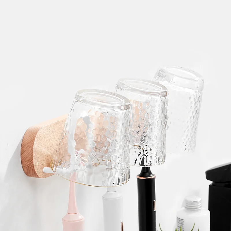 Wall-mounted Bathroom Toothbrush Rack With Gargle Cup Wood Toothbrush Cup Holder White Toilet Electric Storage Rack