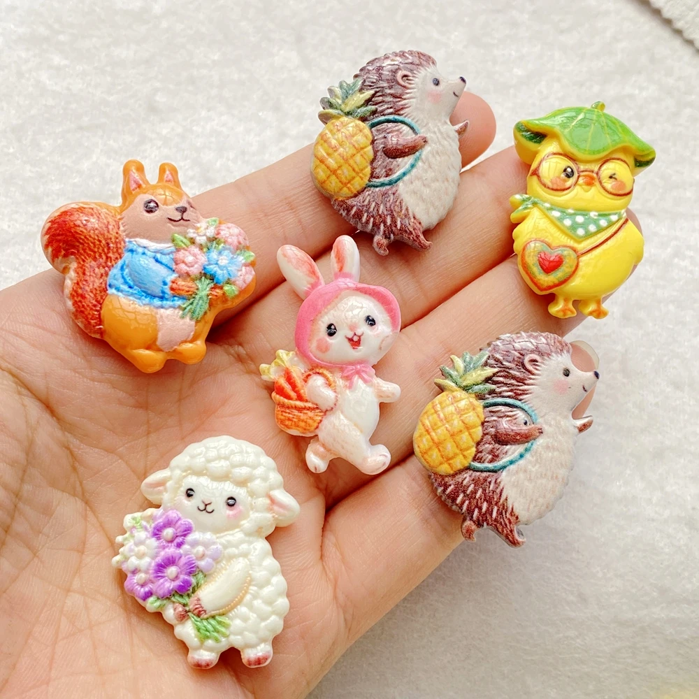 10 Stück gemischte Harz-Cartoon-Kaninchen, Igel, Eichhörnchen, flache Rückseite, Cabochon-Stein, Sammelalbum, DIY-Dekor, Figuren, Bastelzubehör