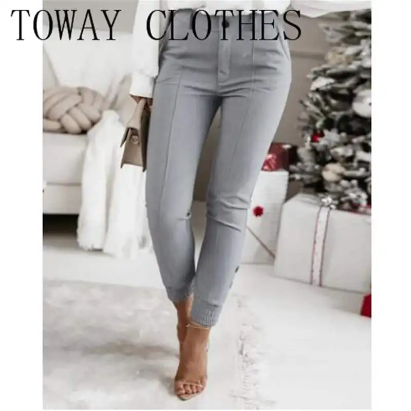 

Autumn Women High Waist Piping Buttoned Cuffed Pants Femme Plain Zipper Workwear Elegant Pants Office Lady Sexy Trousers traf