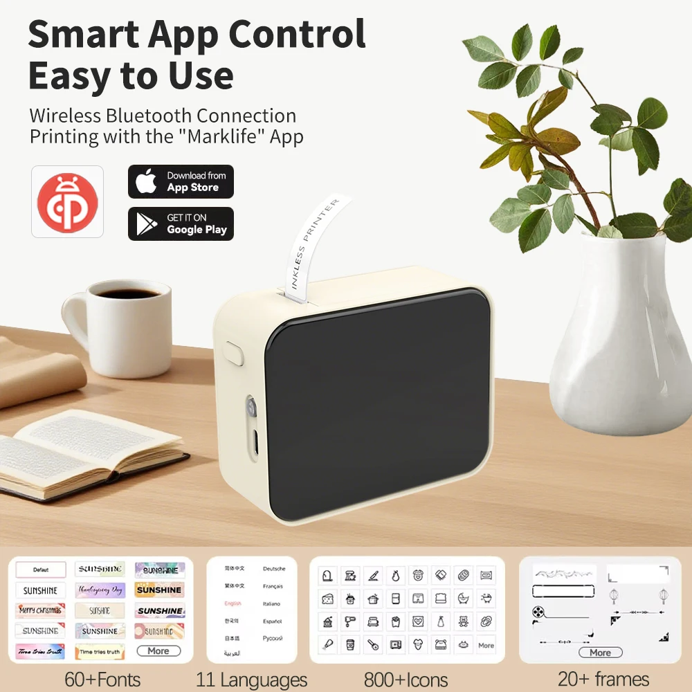 Marklife P15 미니 라벨 프린터 휴대용 열전사 프린터 잉크리스 자체 접착식 종이 스티커 인쇄기 이름표 라벨러