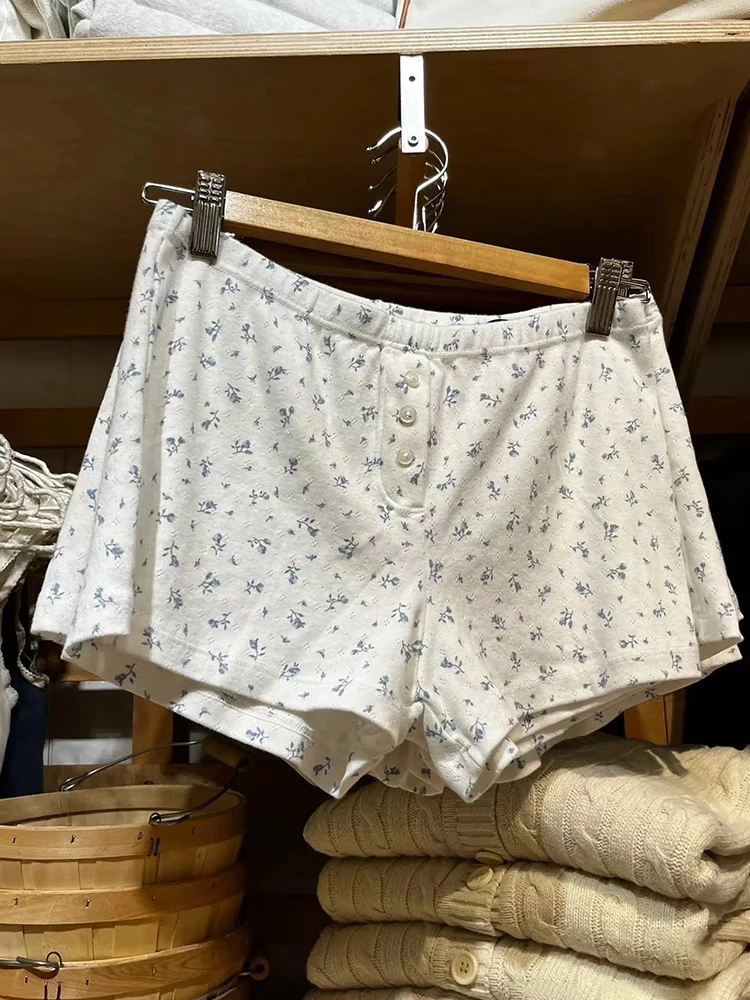 

Шорты женские хлопковые домашние с высокой талией, повседневные Прямые винтажные милые хлопковые короткие штаны на пуговицах, нижнее белье с синими цветами, на лето