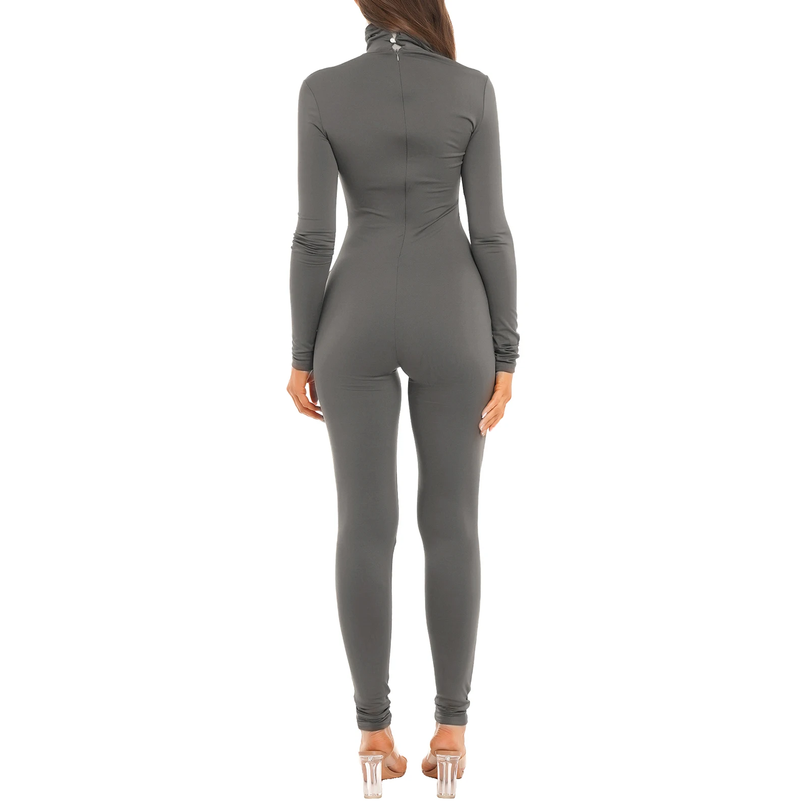 Women Jumpsuit Solid Color High Collar Long Sleeves Stretchy