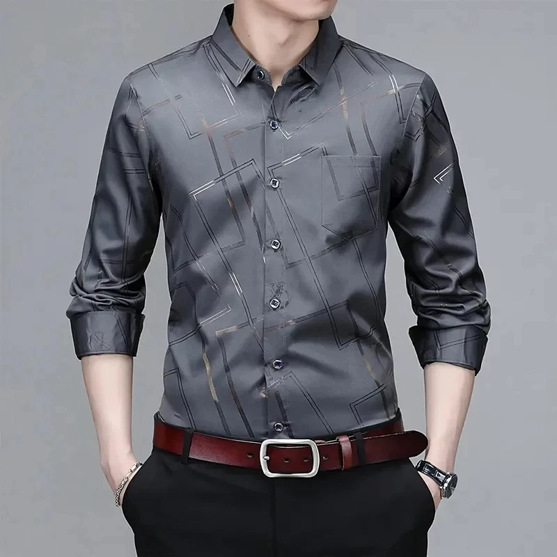 Men Autumn Long-sleeved Striped Twill Shirt Youth Business Suit Sweater