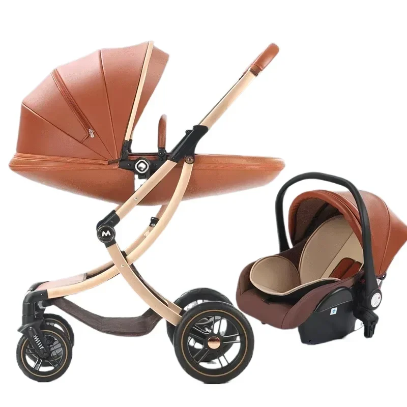 Baby stroller 3in1 High Landscape PU leather Luxury with Car Seat Eggshell Newborn 2in1