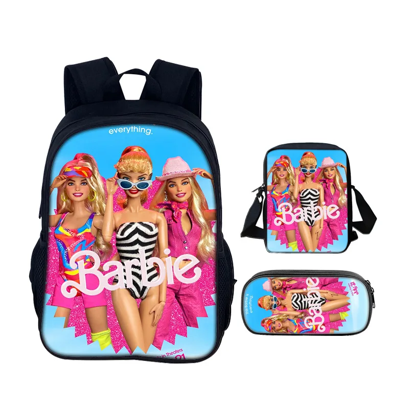 

3PCS-Set MINISO Barbie The Movie Peripheral Two-dimensional Kawaii Girl School Bag Large Capacity Student Backpack Best Gift