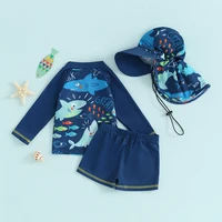 0-5years Baby Boy 3pcs Rash Guard Swimsuits Cute Fish Print Long Sleeve Zip Up Bathing Suit For Boys Summer Beach Swimwear 2