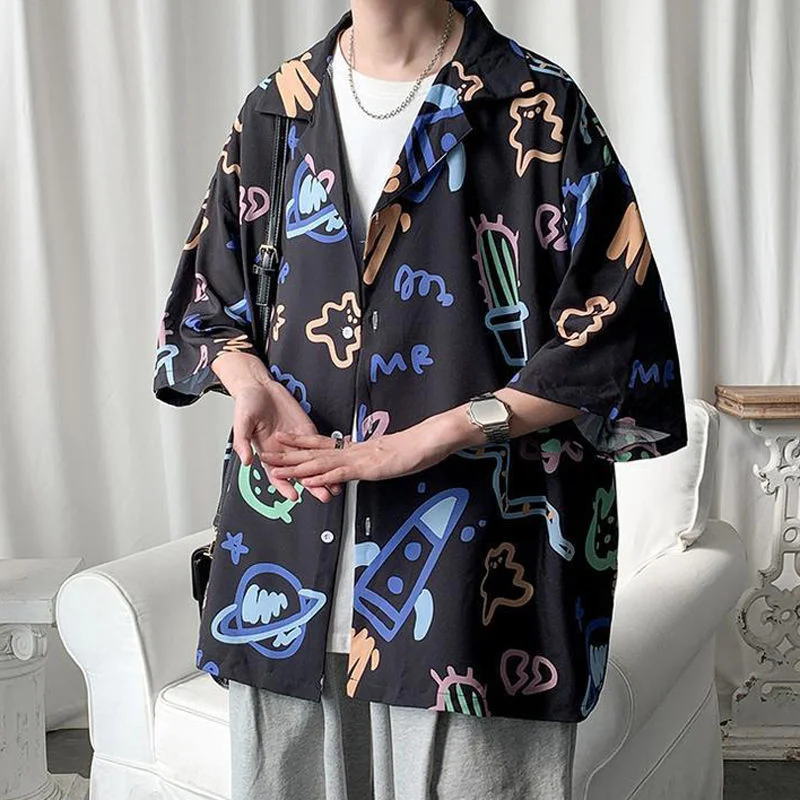 

Блузка мужская с принтом планеты граффити, модная уличная рубашка с коротким рукавом, пляжные Свободные повседневные топы для отдыха, одежда унисекс