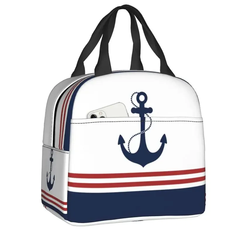 

Nautical Navy Blue Anchor Stripes Insulated Lunch Bag for School Office Cooler Thermal Bento Box Women Food Container Tote Bags