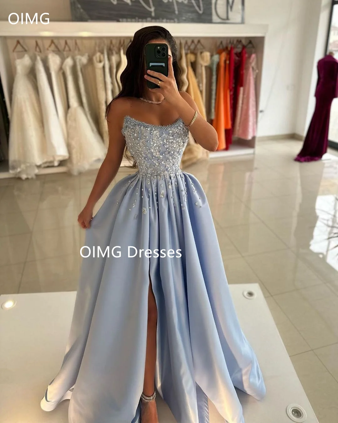 

OIMG Fashion Saudi Strapless Blue Satin Prom Dresses Sleeveless Sequined High Slit Long Corset Evening Gowns Formal Party Dress