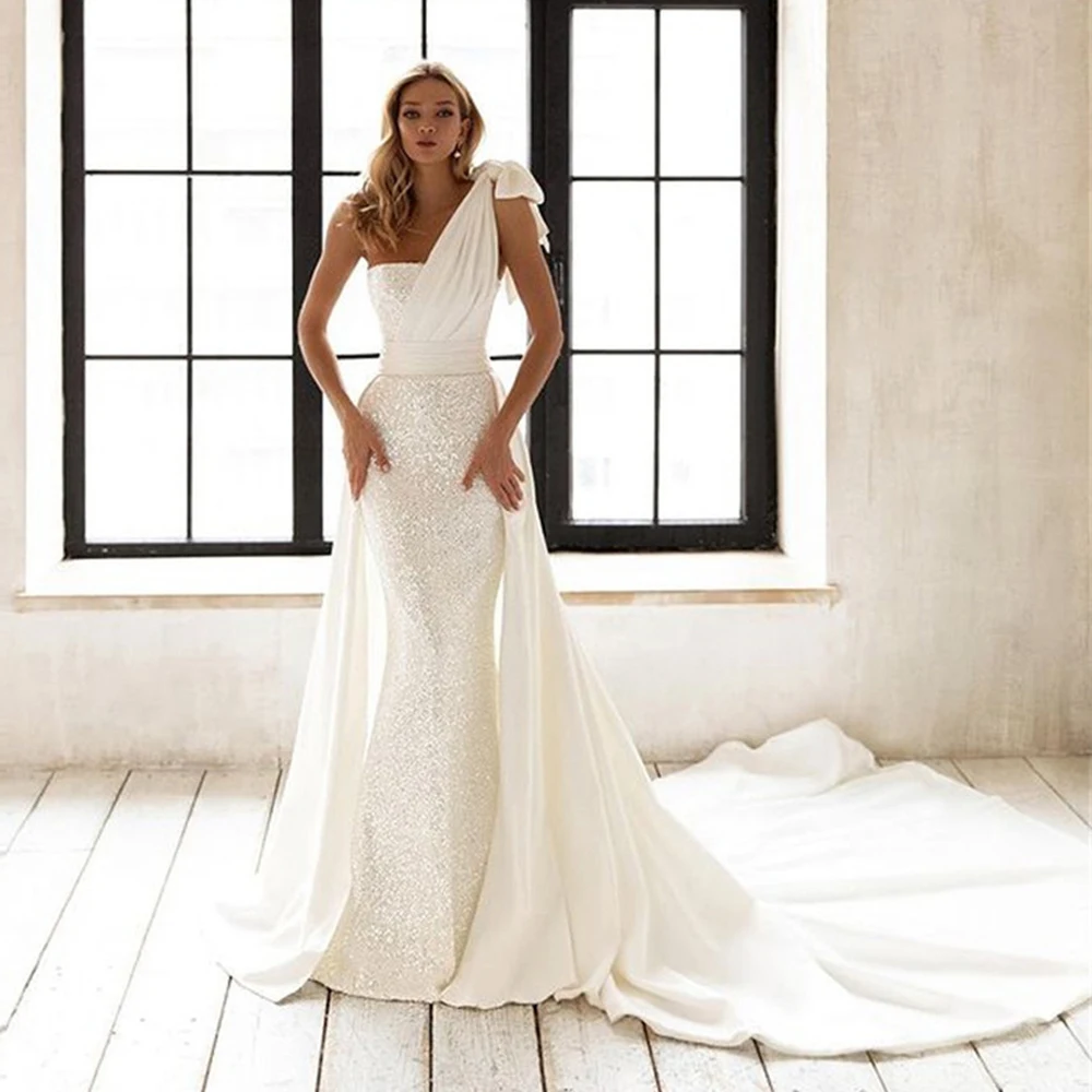 

Musetta Sparkliy Mermaid Wedding Dresses Detachable Court Train Open Back Bridal Gowns Sleeveless One Shoulder 2023 Custom Made