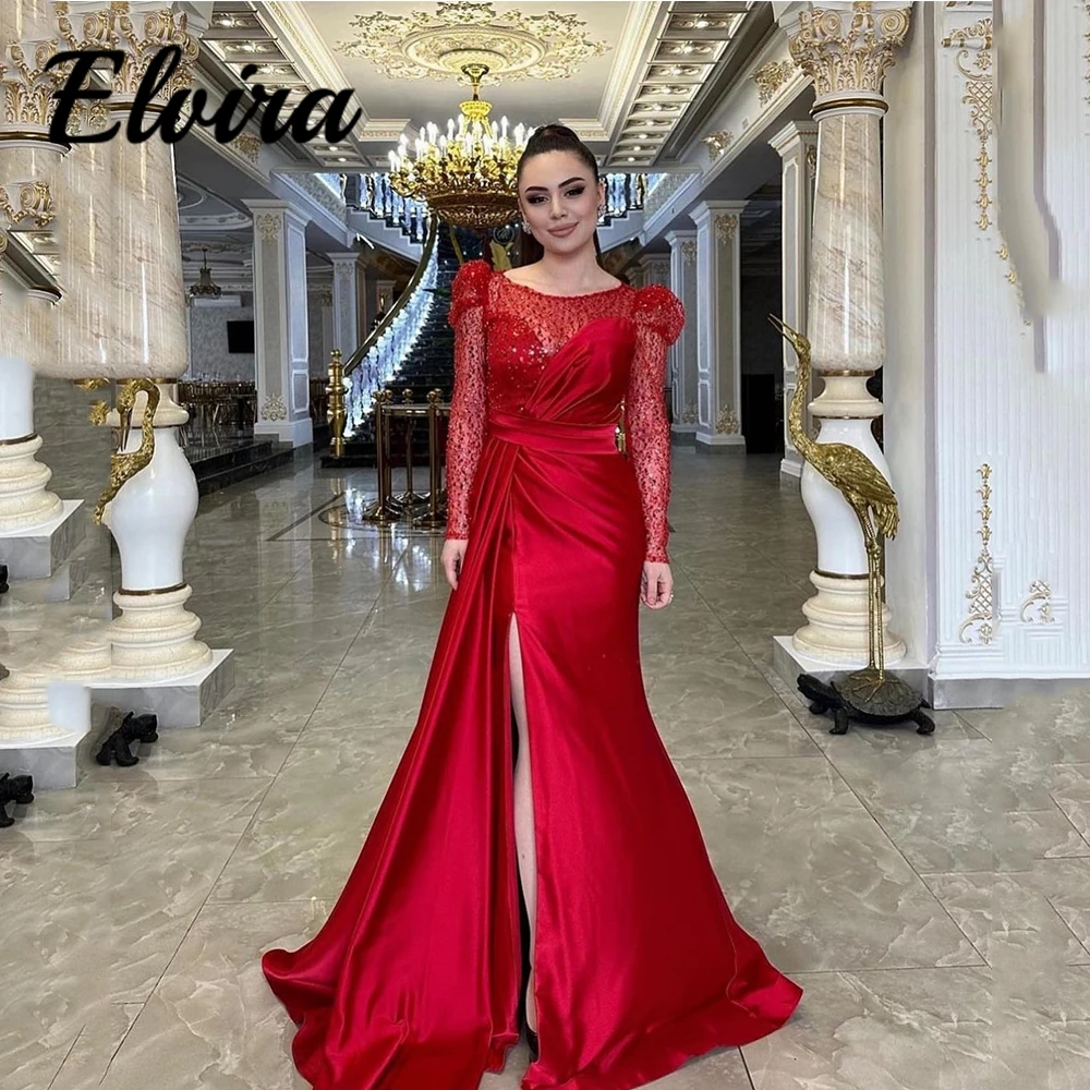 

Classic Round Neck Floor Length Mother of the Bride Dresses with Long Sleeve Bling Illusion Mom Clother Pleat Party Gowns