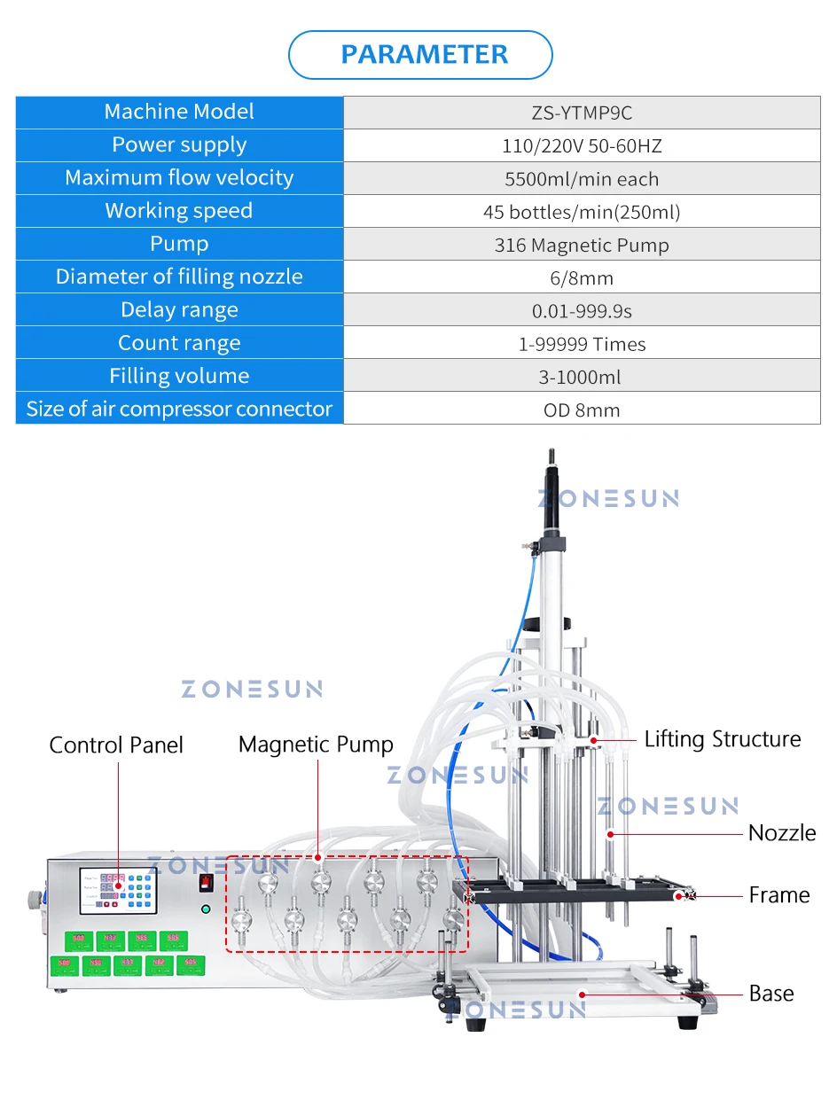 ZONESUN ZS-YTMP9C Pneumatic 9 Diving Nozzles Magnetic Pump Liquid Filling Machine