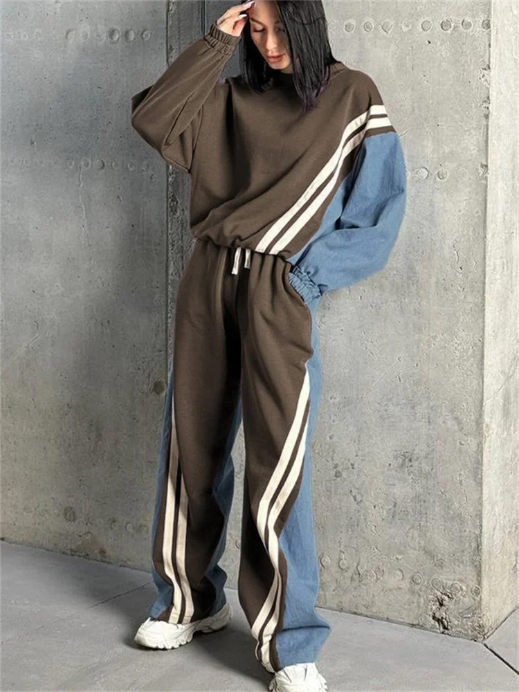 Ladies 2 Piece-Set Drawstring Trousers Contrast Lace-Up Autumn Pullover And High Waist Women Pants Outfits Tracksuit