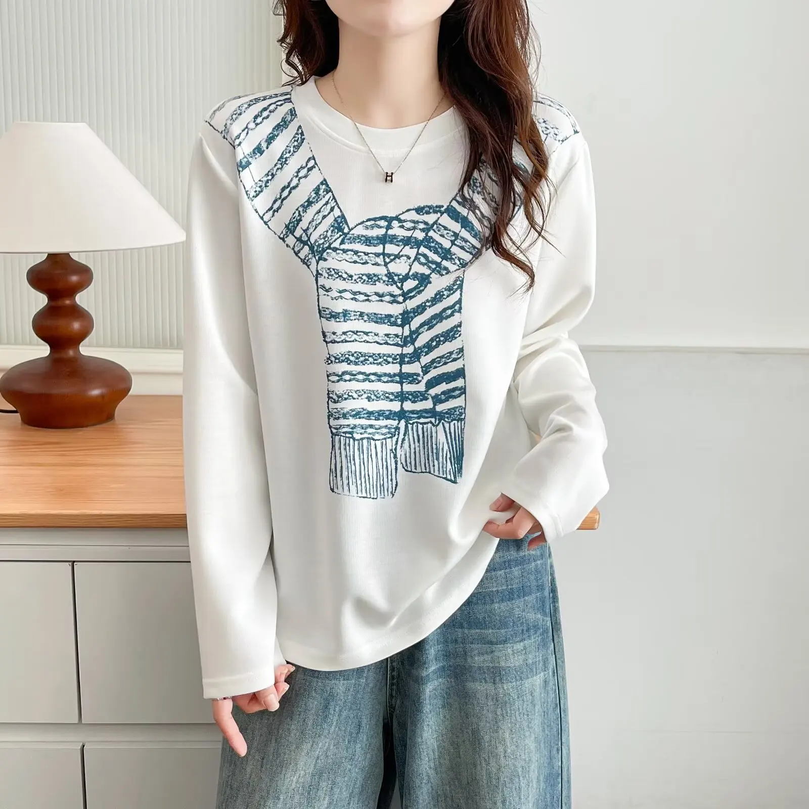 Fashion Plus Size Women's T-Shirt 2025 Autumn New Casual Shawl Printed Long Sleeve Tops 974