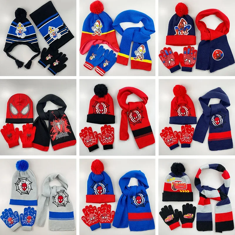 Disney Spiderman Kids Hat Scarf Gloves Three-piece Set Boys Lovely Knitted Woollen Hats Baby Wool Hat Scarf Kawaii Thick Hats kids hat set