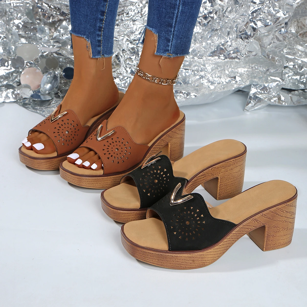 Retro Pu Leather High Heels Slippers for Women 2025 Summer Thick Bottom Platform Sandals Woman Lightweight Thick Heeled Shoes