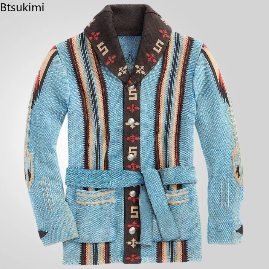 

New Men Retro Heavy-duty Jacquard Sweaters Autumn Winter Thicker Mid-length Sweater Jacket Men's Knit Cardigan Embroidered Coats