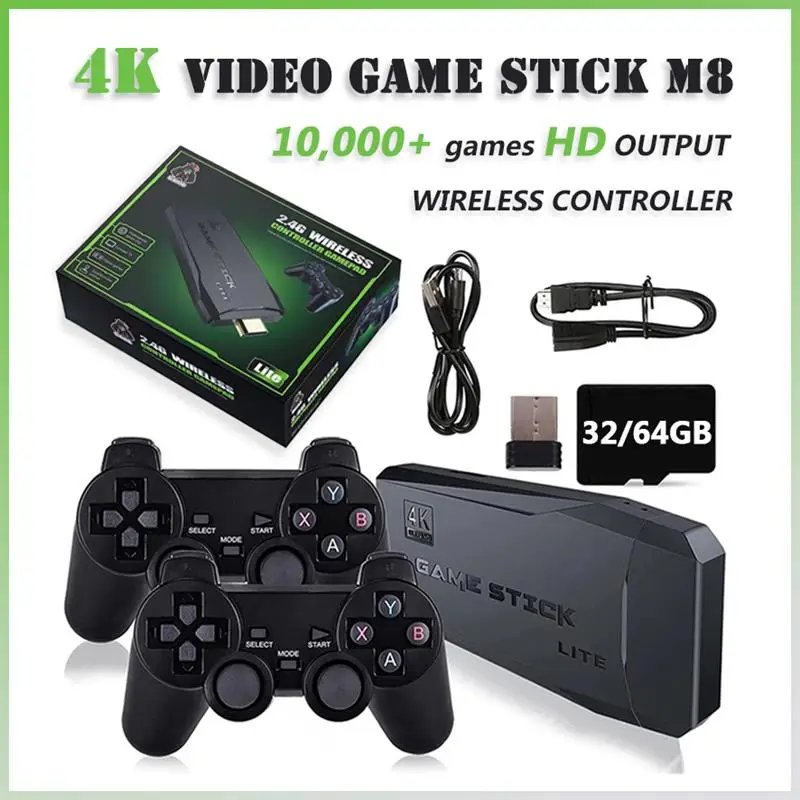 

New Video Game Sticks M8 Console 2.4G Double Wireless Controller Game Stick 4K 10000 games 64GB Retro games For PS1 GBA