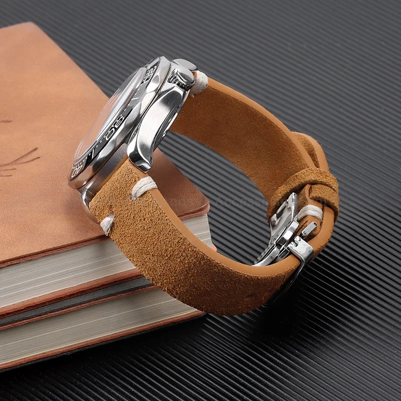 Vintage Handmade Suede Stitch Leather Watch Strap with Quick Release and Folding Clasp