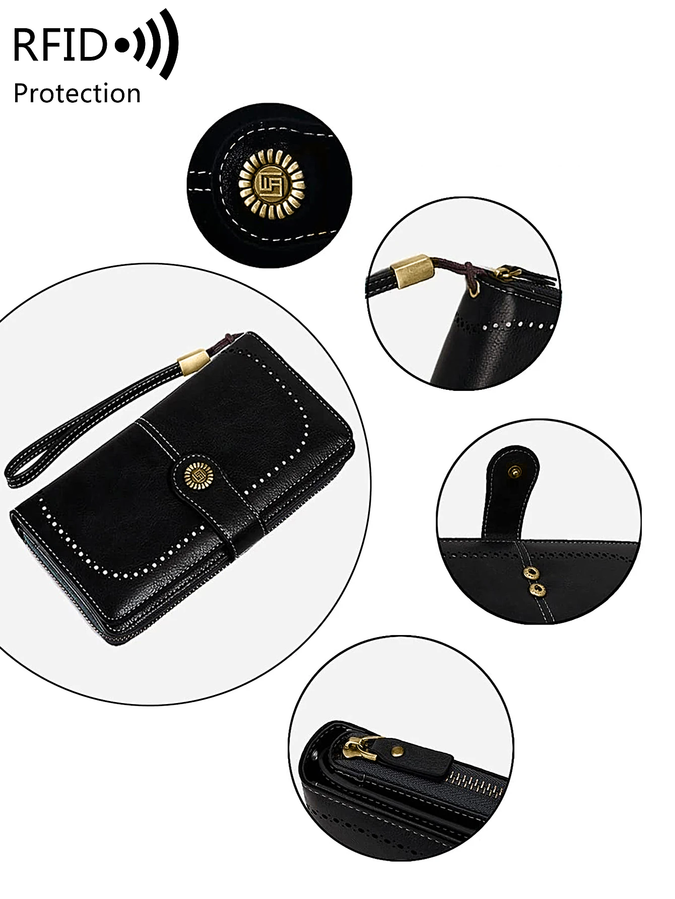 RFID retro three fold large capacity long wallet fashionable solid color women's wallet multifunctional zipper buckle wallet