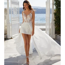 

RANMO Mini Skirt Maxi Overlay Beach Wedding Dress Gorgeous Applique Beaded Illusion Bridal Gown O Neck Sleeveless Side Zipper