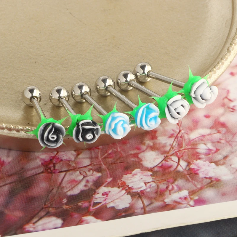 silicone rose flower Tongue Piercing Jewelry Tongue Rings for Women straight barbell 16mm tongue bar nipple rings for women men