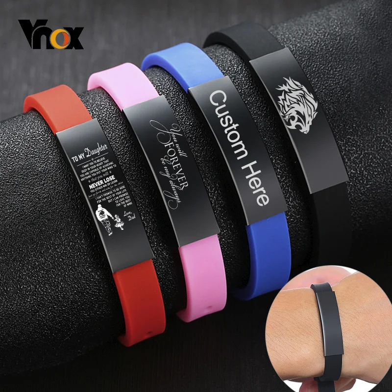 Vnox Adjustable Silicone Custom ID Bracelets for Kids Girls Boys Stainless Steel Bar Comfort Wear Soft Rubber Women Men Bangle