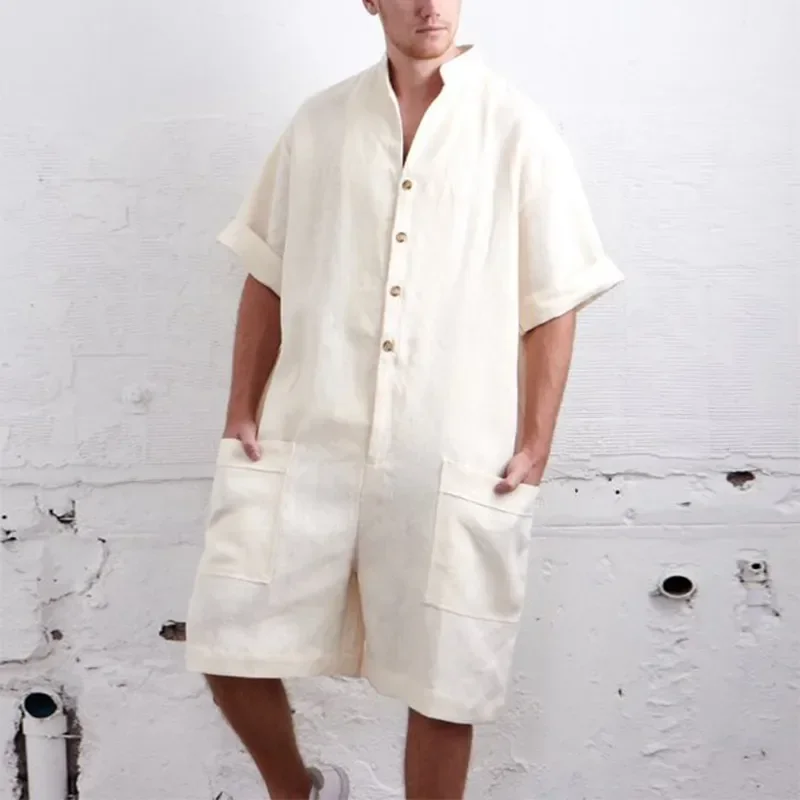 

Jumpsuits Oversized Cotton Men Sleeve Playsuits Mens Loose Summer Stand Romper Cotton Button Collar Overalls Shorts Short Shorts