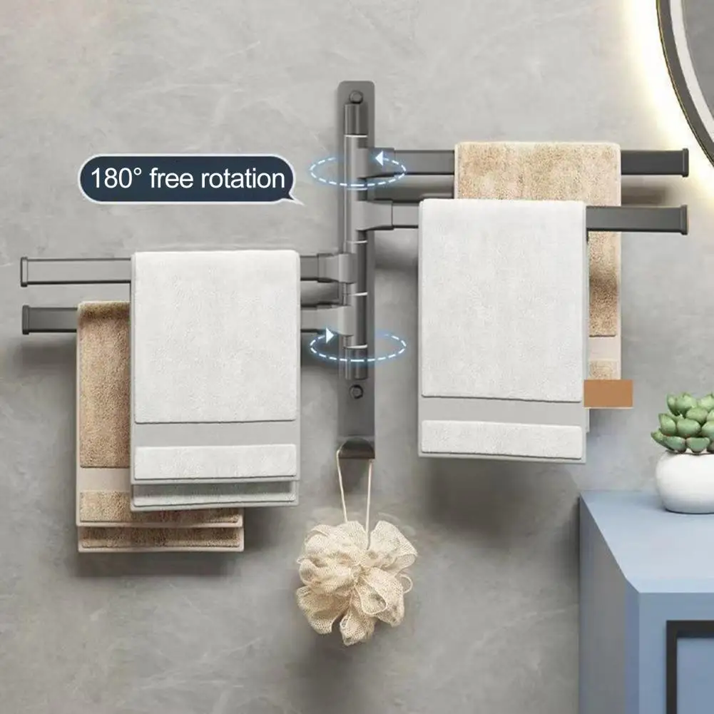 Bathroom Towel Rack Rotatable Foldable Towel Stand 4-Bar Holder Wall Mounted Kitchen Shelf Paper Hanging Storage Rack