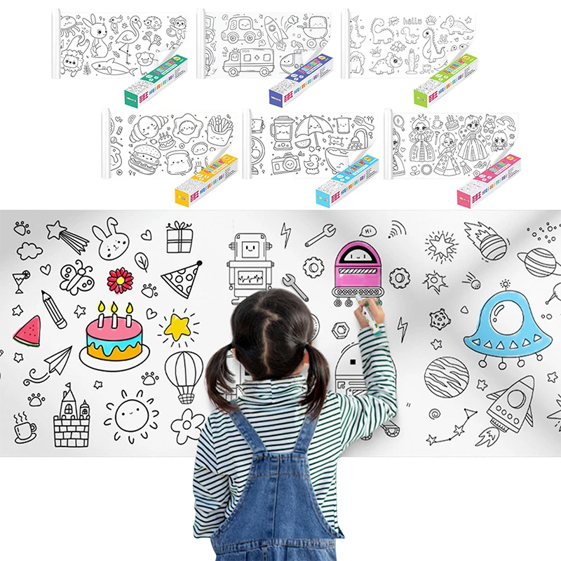 Children Coloring Paper Graffiti Scroll Drawing Roll DIY Sticky Color  Filling Paper Early Educational Gift Toys Christmas Set