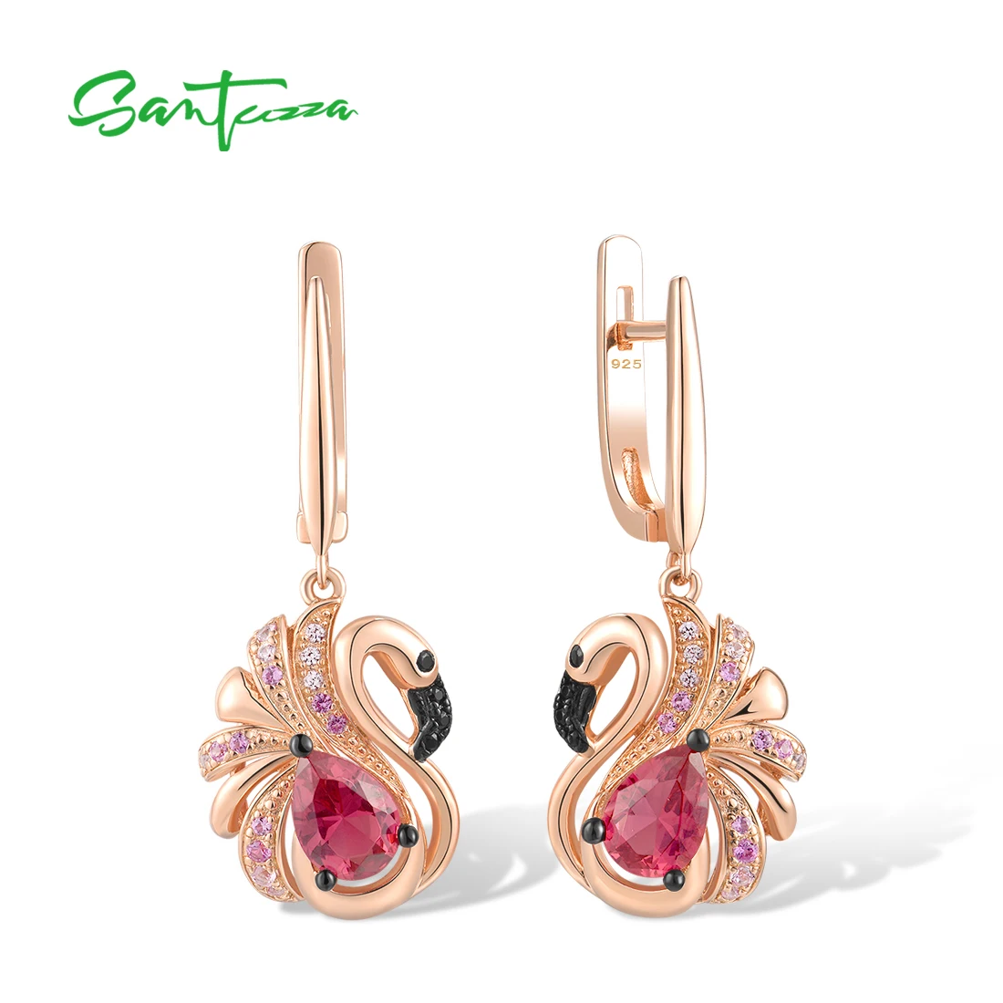 SANTUZZA Pure 925 Sterling Silver Earrings For Women Sparkling Created Sapphire Red Crystal Cute Pink Flamingo Fine Jewelry