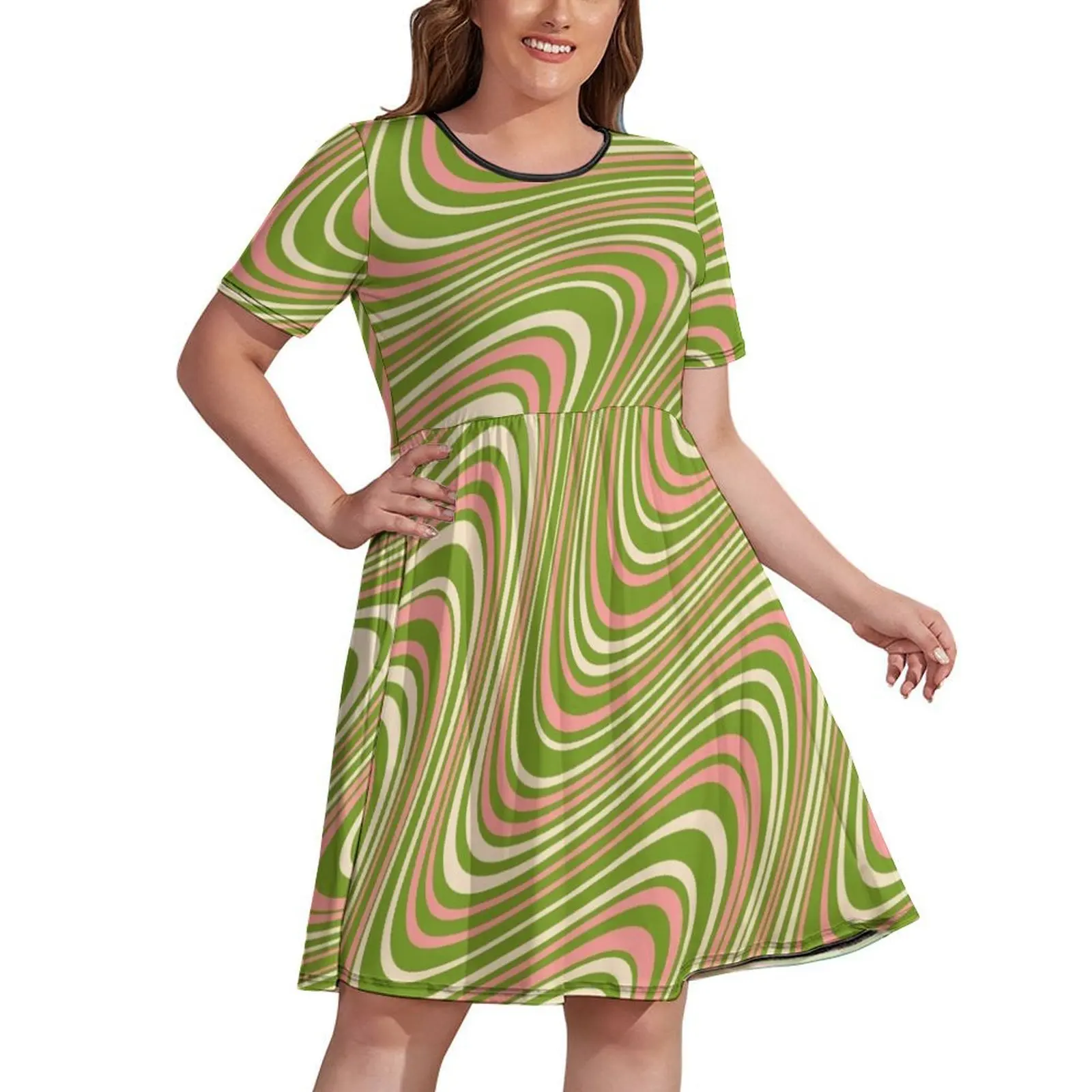 

Abstract Swirl Wavy Retro 70s Green and Pink Dress Womens dresses summer woman dress 2024 dress women summer 2024