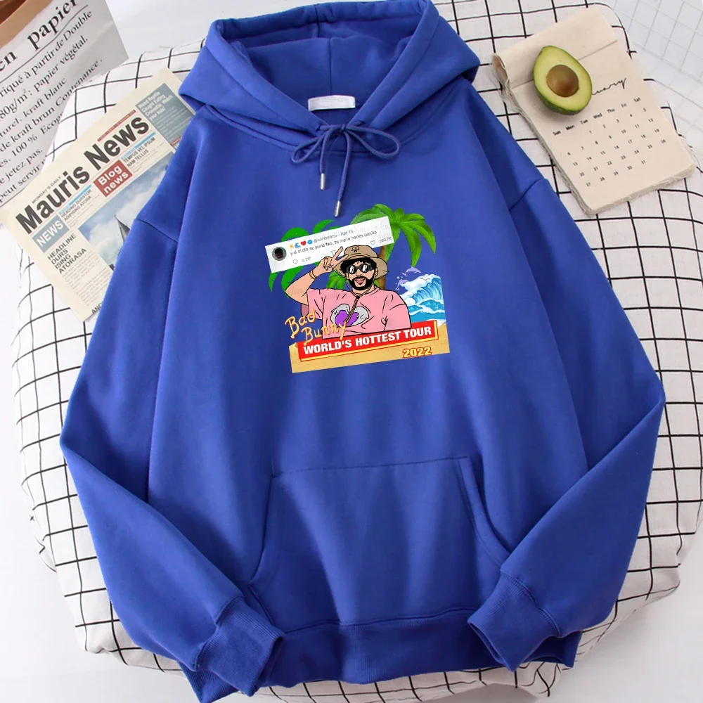 

Bad Bunny World's Hottest Tour Beach Surf Coconut Tree Prints Womens Tops Casual New Hoodies Trendy Comfortable Hoody For Female