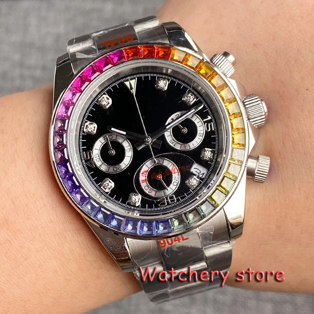 

Colored diamonds Bezel Vk63 Movement 39mm Black Sterile dial Multi-Function Full Chronograph Quartz Watch For Men Steel