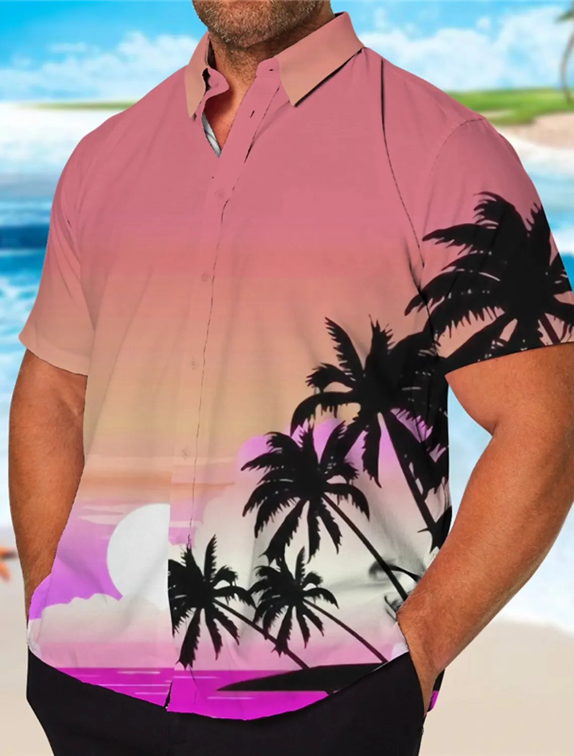 thumbnail image 1 of Camisa estampada para hombre con estampado morado de Hawaii para fiesta en la playa, camisa hawaiana de verano con botones y manga corta, estilo callejero, palmeras, 1 of 5