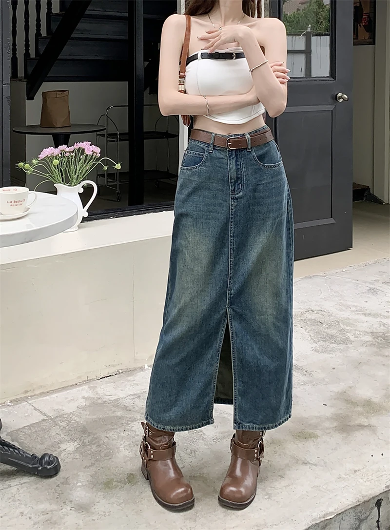 

Women's Front Slit Blue Denim Skirt Pockets High Waist Slim Zipper Fly Midi Skirts Spring and Summer Female Casual Streetwear