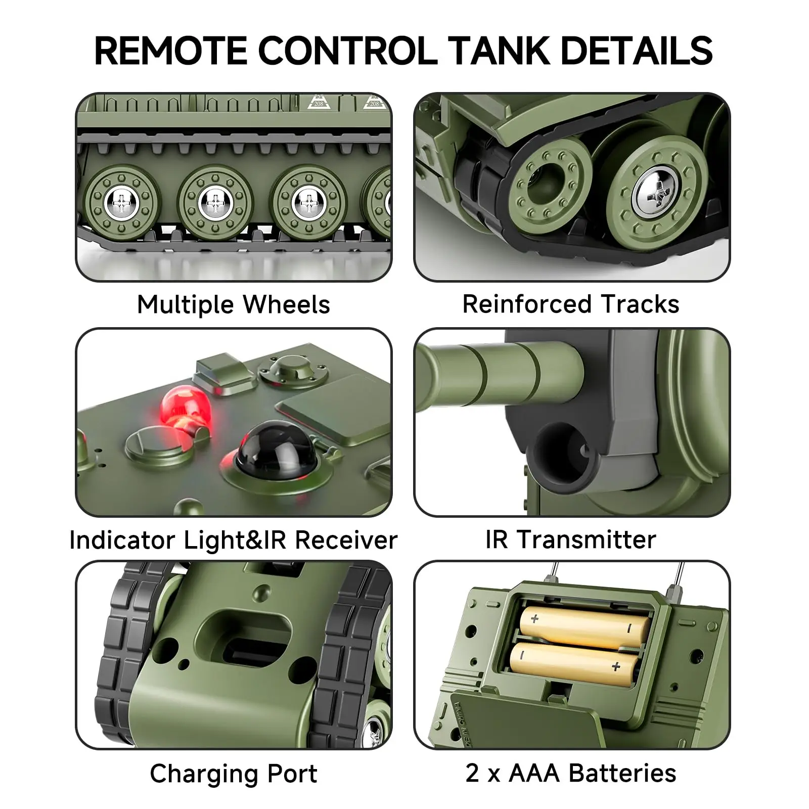 Tank télécommandé infrarouge 1/64 en action, avec effets lumineux et sonores, sur un terrain accidenté.