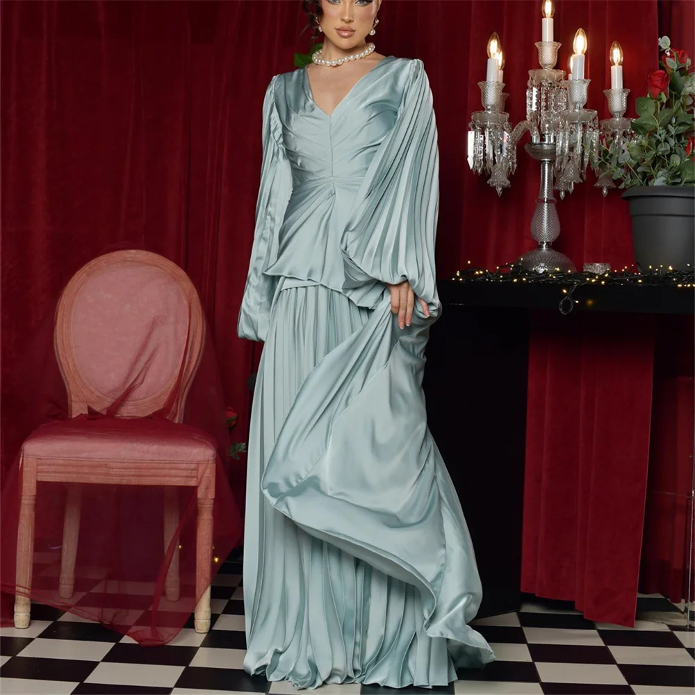 

Женское длинное вечернее платье MOLISA, элегантное Плиссированное Платье с V-образным вырезом, длинными рукавами-фонариками, со складками по щиколотку, роскошное,