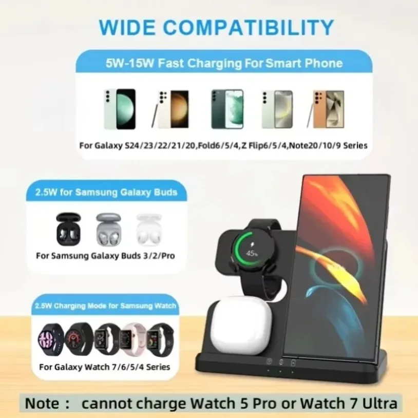3 In 1 Wireless Charger Stand For Samsung S25-S21 Z Fold 5 4 3 S24 S23 Galaxy Watch 2-7 Active 2 Earbuds Pro Fast Charging Dock