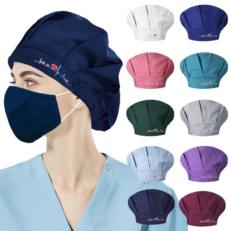

Oil-proof Solid Bouffant Hat Embroidery Heart Cotton Elastic Doctor Nurse Scrub Cap Hair Cover Dust-proof Surgical Hat