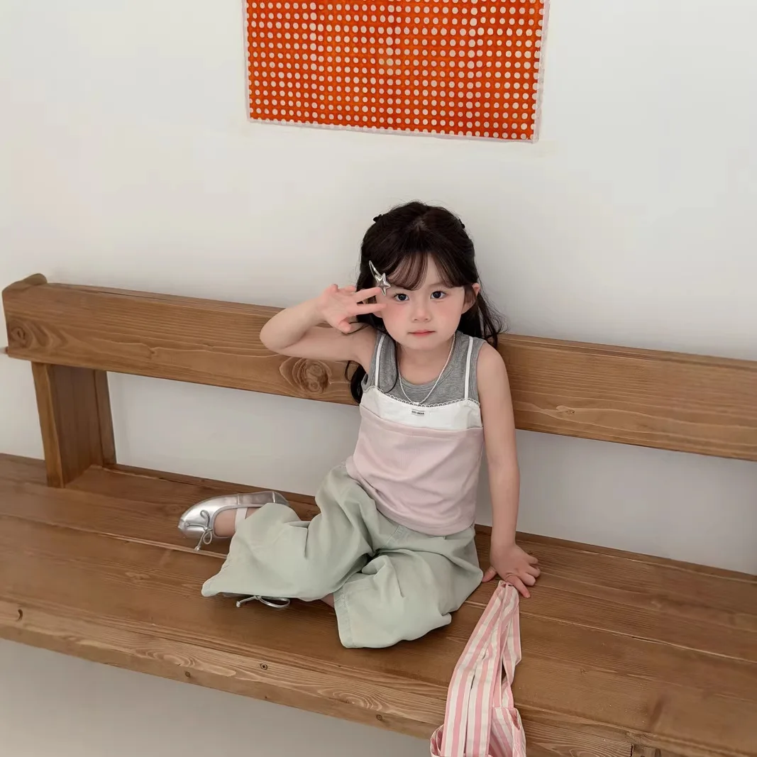 아동복 소녀 캐주얼 탑 한국 스타일 컬러 블록 니트 조끼 여름 새로운 유행 민소매 조끼 티셔츠