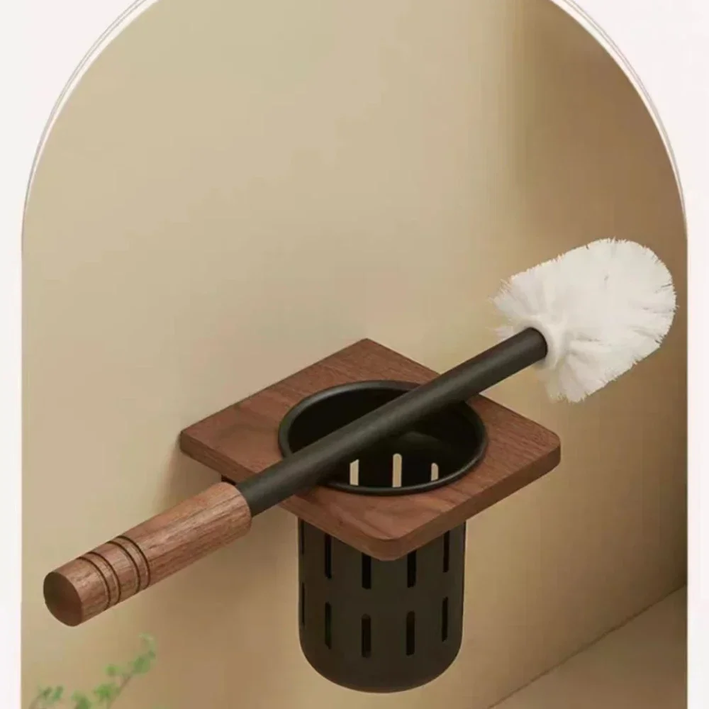 Walnut Metal Toilet Brush Holder Wall Mounted no dead Toilet Brush Storage Rack Bathroom Shelf Toilets Set Accessories