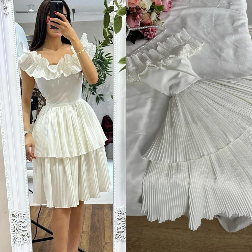 Chiffon Ruffles Evening A-line Off-the-shoulder Bespoke Occasion Gown Knee Length Dresses 2021 women out off the shoulder dresses fashion shuffle sleeve knee length a line african dashiki print dresses plus size wy2264
