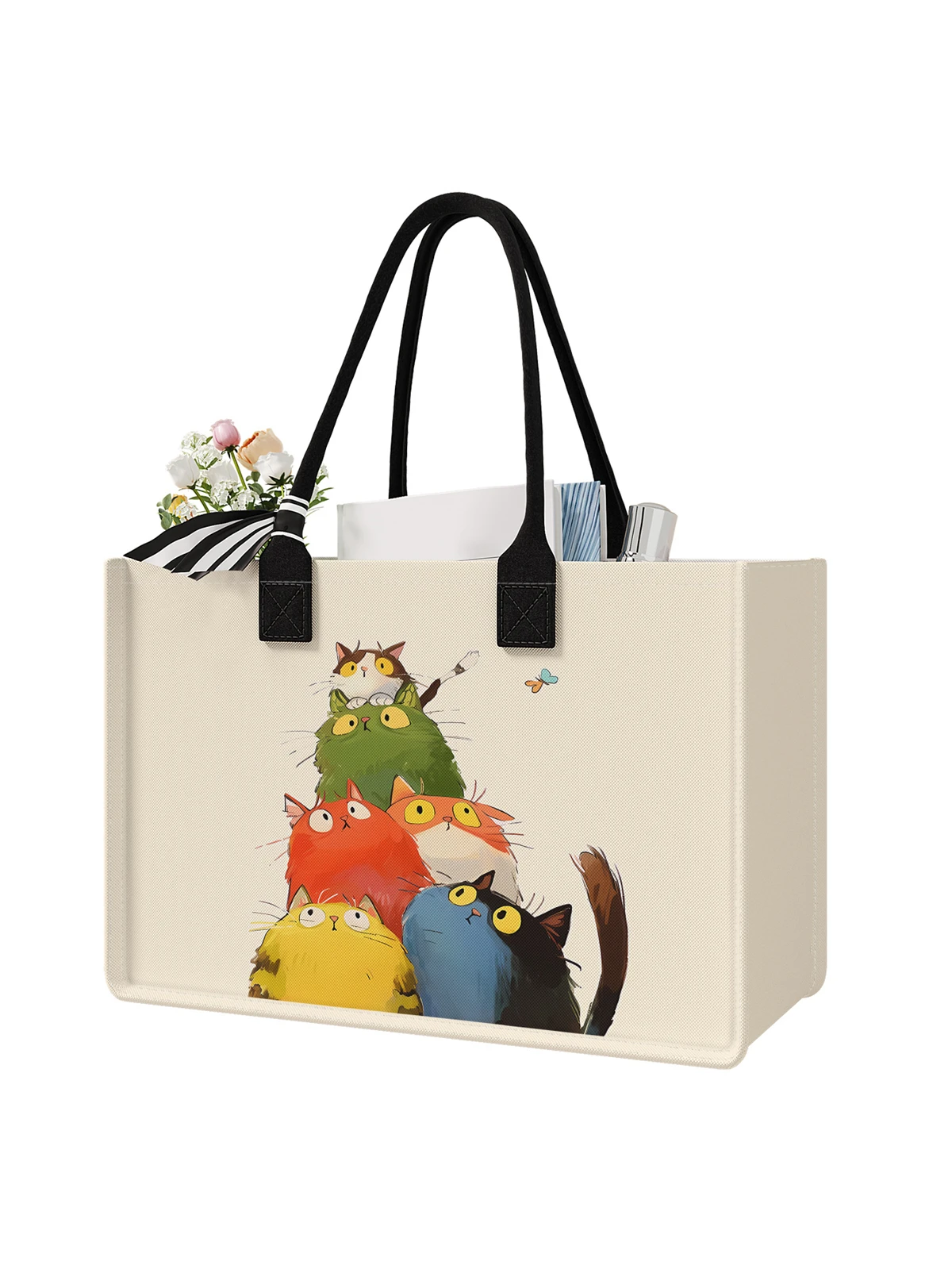 Cartoon cat pattern printed handbag, women's gift handbag, beach bag, suitable for large capacity handbags for men and women