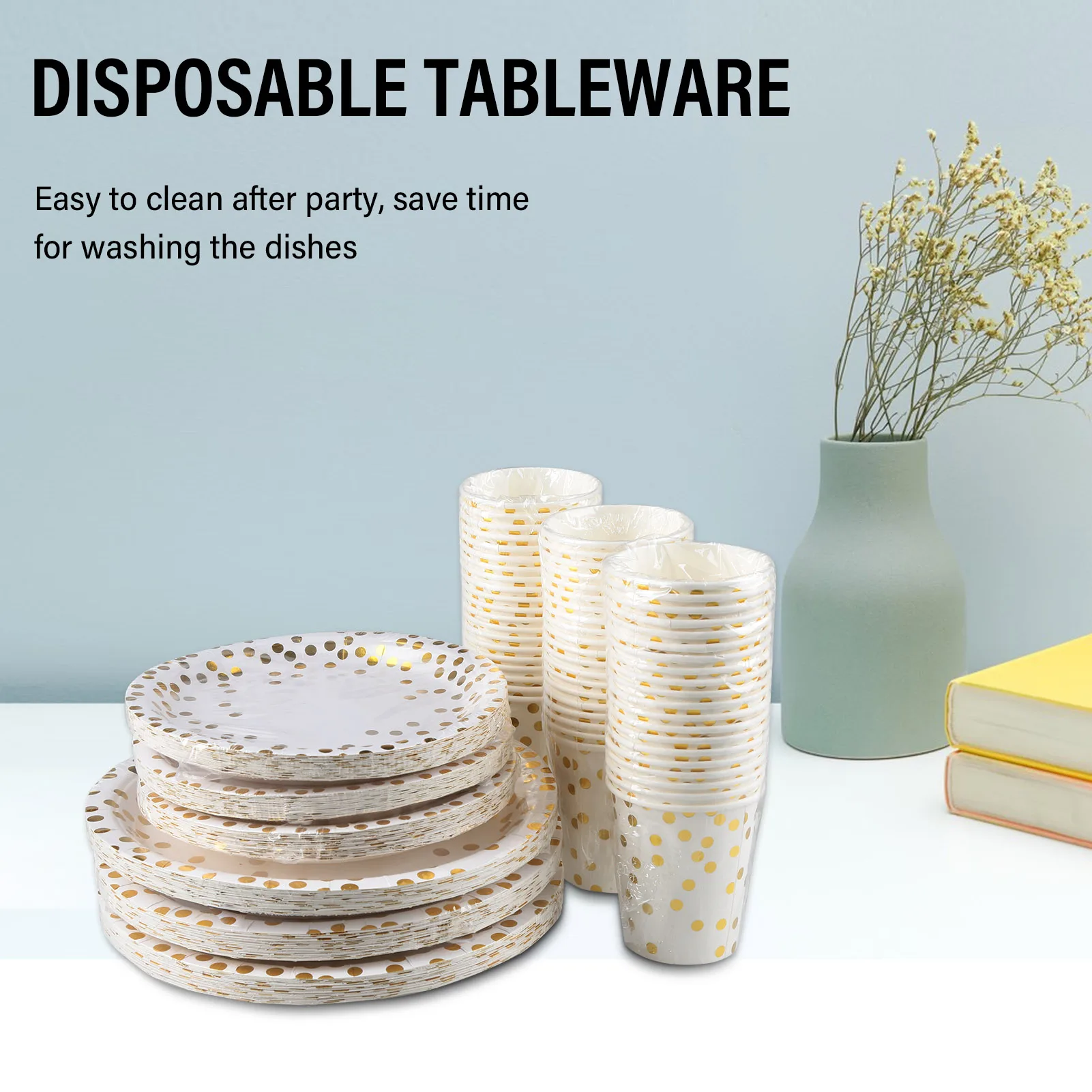 60pcs 9oz Paper Cups+60pcs 7-inch Plates+60pcs 9-inch Plates Set of 180pcs Disposable Drinkware & Dishware with Golden Plates