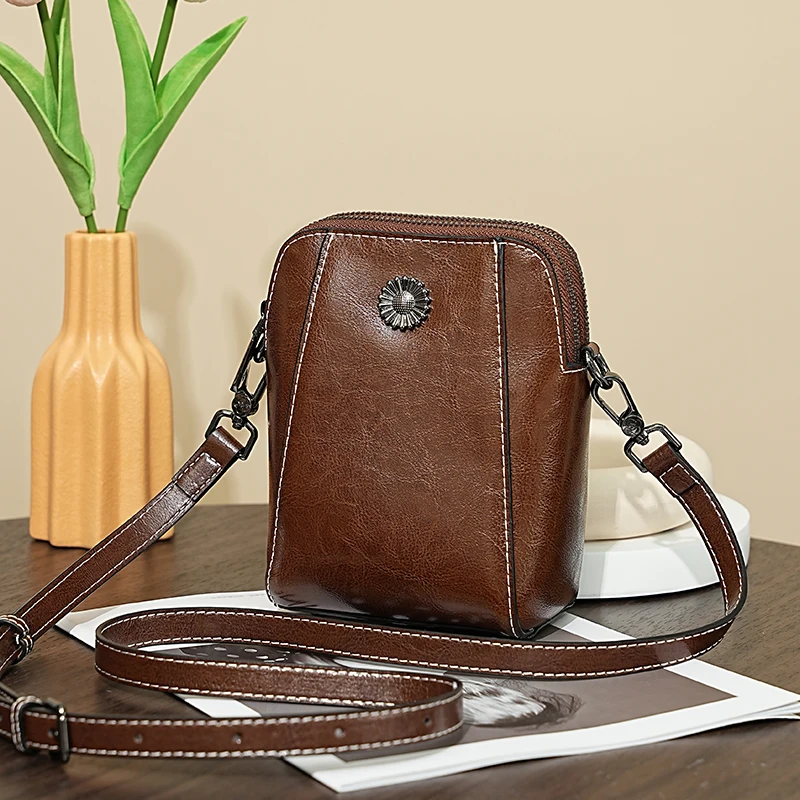2024 New Women Mini Bag Lady Mobile-phone Cross-body Shoulder Bag Retro Oil Wax cowhide Split Leather Lightweight Messenger