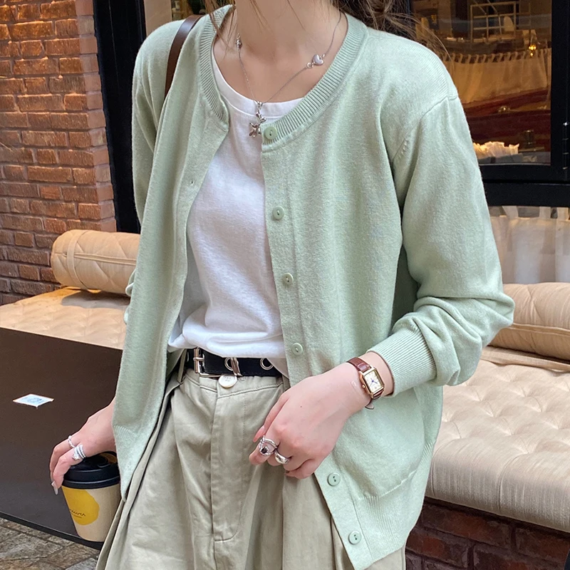 Autumn and Winter New Women's Clothing Crew Neck Cardigan Long-sleeved Sweater Elegant Single-breasted Knitwear Solid Color Coat