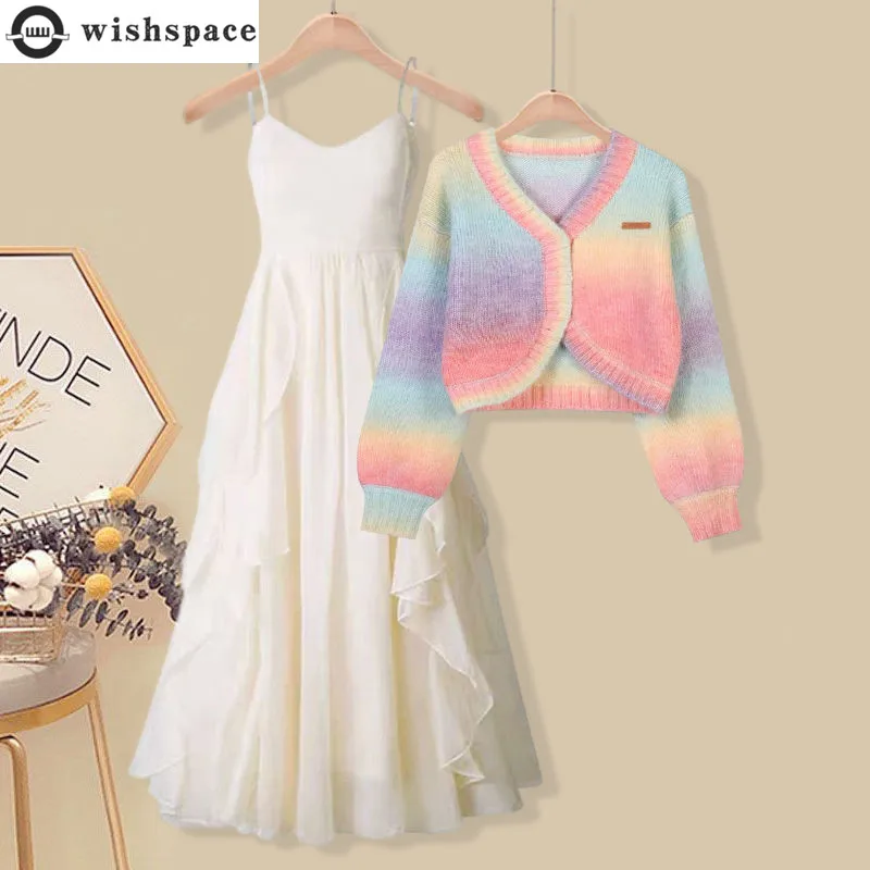 

Autumn and Winter Women's Suit 2022 New Korean Version Gradual Color Knitted Cardigan Sweater Sling Dress Two-piece Set