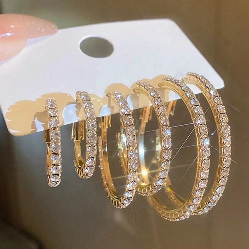 3 Pairs Full Shiny Rhinestone Hoop Earrings Different Size Gold/Silver Color Ins Earrings For Women Simple Luxury Jewelry